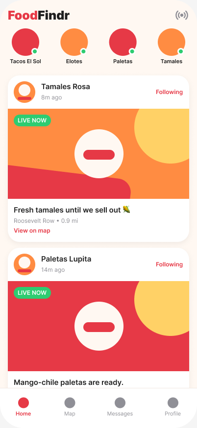 FoodFindr home screen showing live vendor posts with food photos