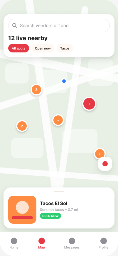 FoodFindr live map screen showing nearby vendors